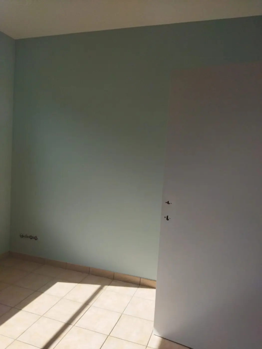 Kamer met grijsgroene muren en een witte deur