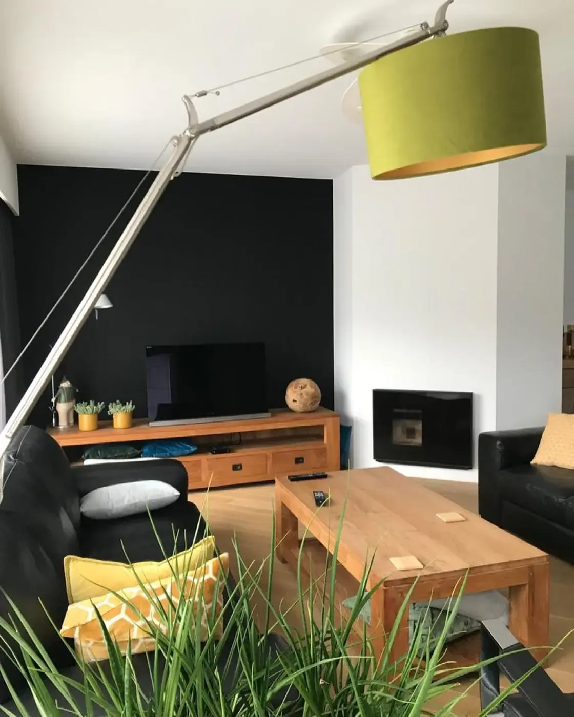 Woonkamer met een zwarte wand en witte muren